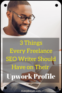 A picture of a man typing on a laptop keyboard. Text is superimposed on top that says "3 things every freelance SEO writer should have on their upwork profile"