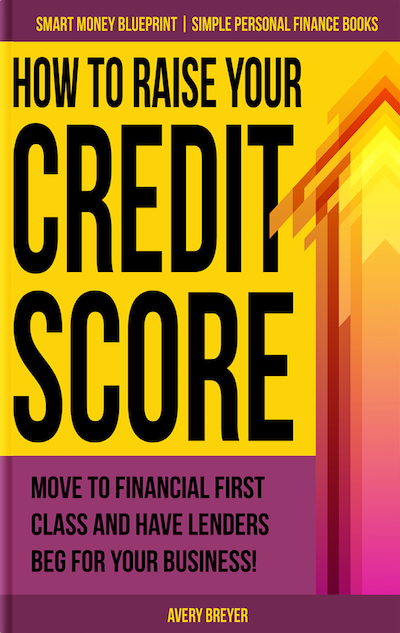 Book cover for How to Raise Your Credit Score. There is black text on a purple and yellow background.