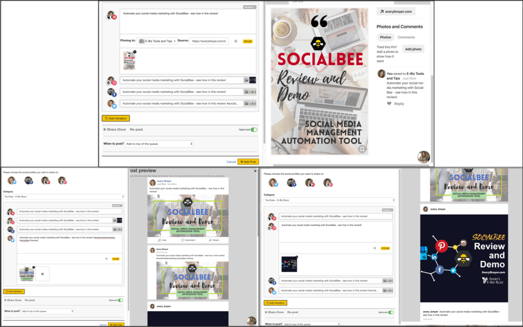 SocialBee automation tool review image showing how you can make different images for different platforms
