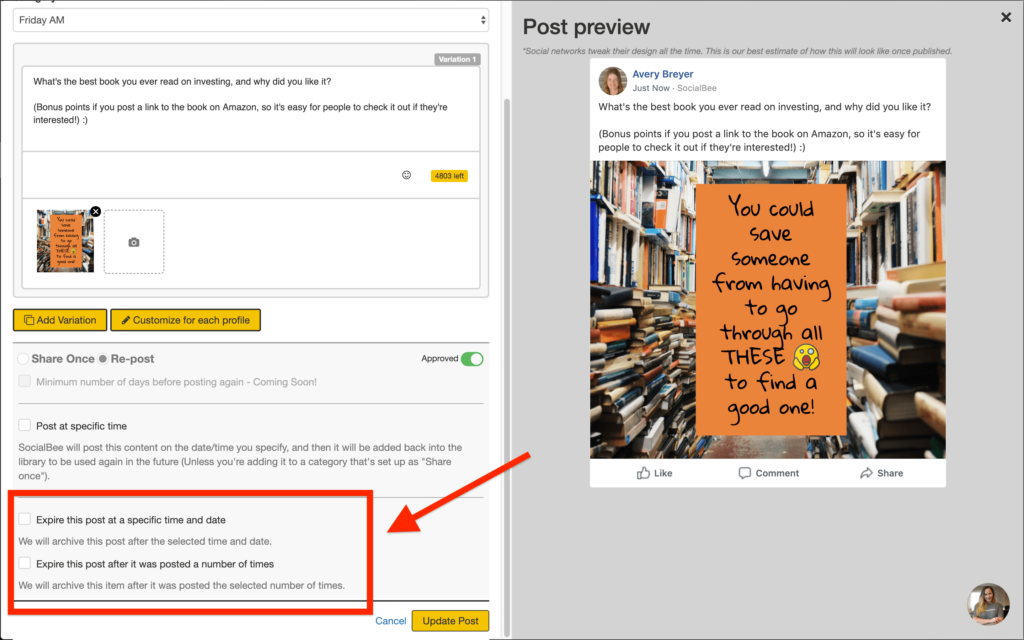 Social media automation - image shows how you can expire posts based on time, date, or number of times it was used