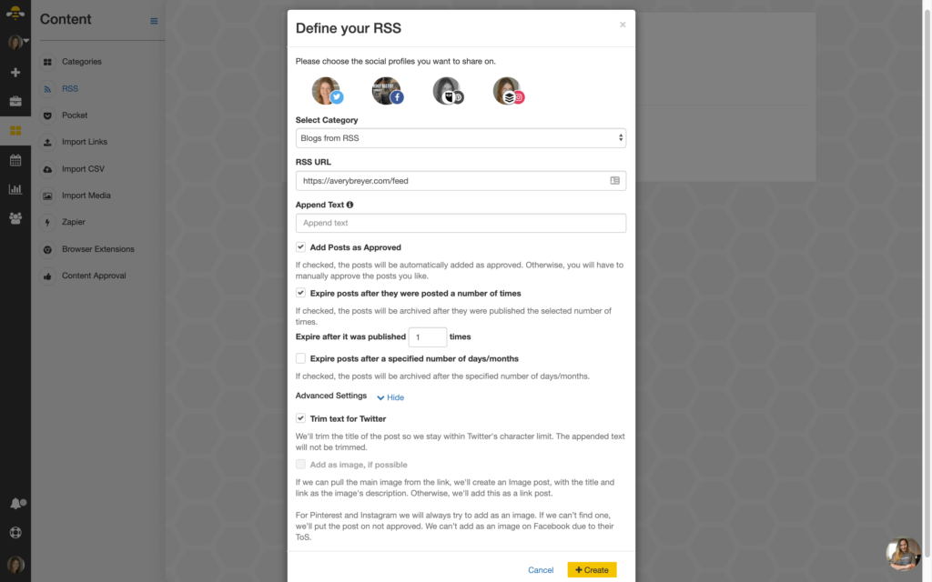 Social media scheduler screenshot for SocialBee that shows how to share your RSS feed