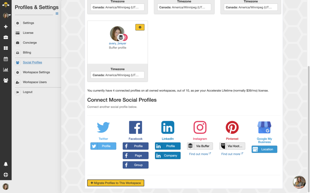SocialBee Review screenshot showing that you can post to Twitter, Facebook, LinkedIn, Instagram, Pinterest, and Google My Business