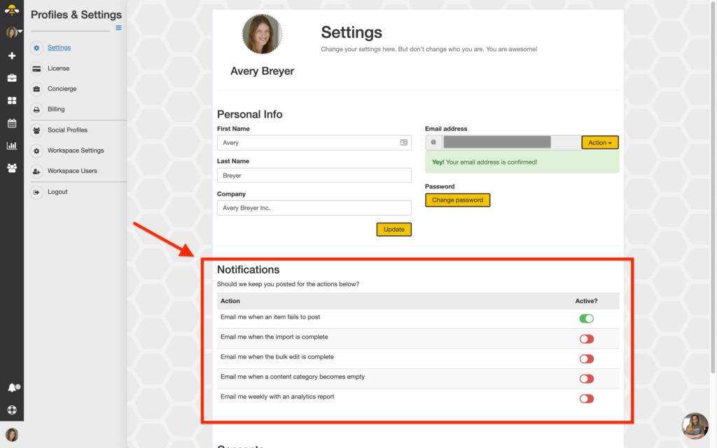 This SocialBee review image shows how you can set up custom notifications within your account