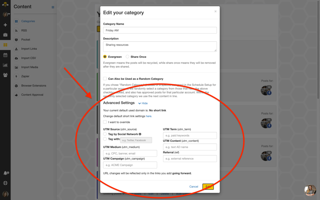 Image showing that Sprout Social competitors like SocialBee allow you to customize UTM settings for social media post categories.