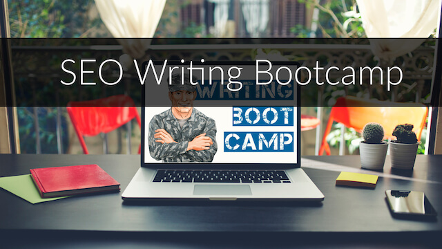 image text is SEO Writing Bootcamp - image is cartoon military man on laptop screen with colorful background on a desk