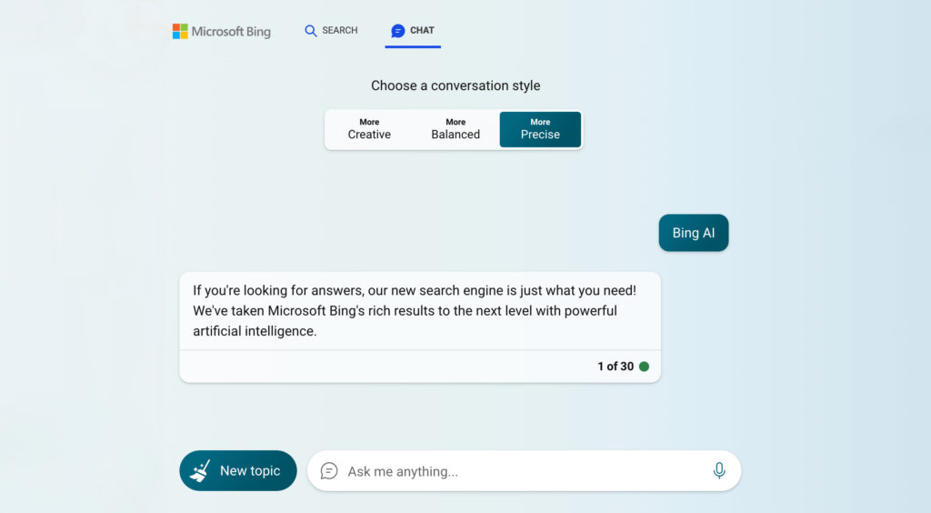 A screenshot of Bing Chat, which I'd rate within the top 2 for best free ai content generator - you can use it as a sentence generator ai