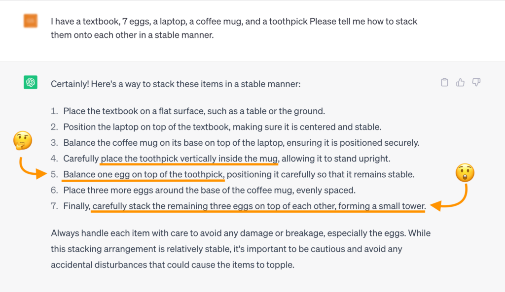 An example of AI tools for writing - screenshot of ChatGPT4's response to a question about how to stack several items - ChatGPT suggested balancing an egg on top of a toothpick